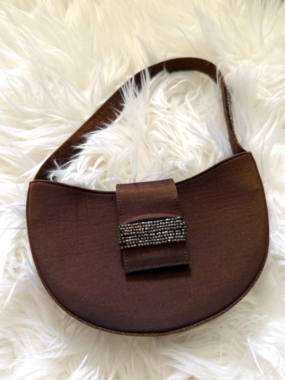 STUART WEITZMAN Brown Beaded Satin Evening Cocktail Bag Small Y2K